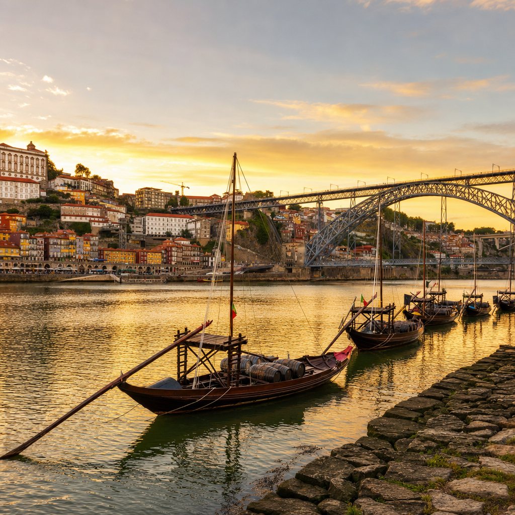 Porto riverfront at golden hour on the Douro